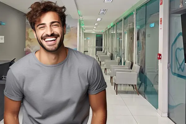 um homem jovem sorrindo com camisa cinza em uma unidade Dentelar