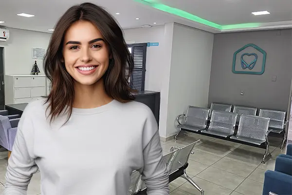 uma mulher jovem sorrindo dentro de uma recepção da Dentelar