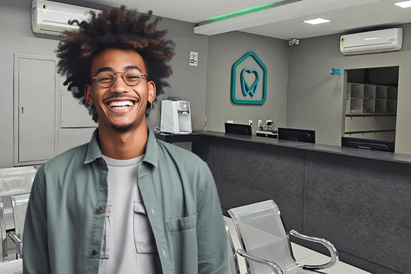 um home negro com cabelos crespos sorrindo na recepção da Dentelar